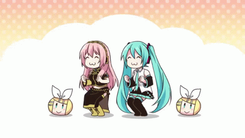 hatsune miku and kagamine rin dancing from left to right